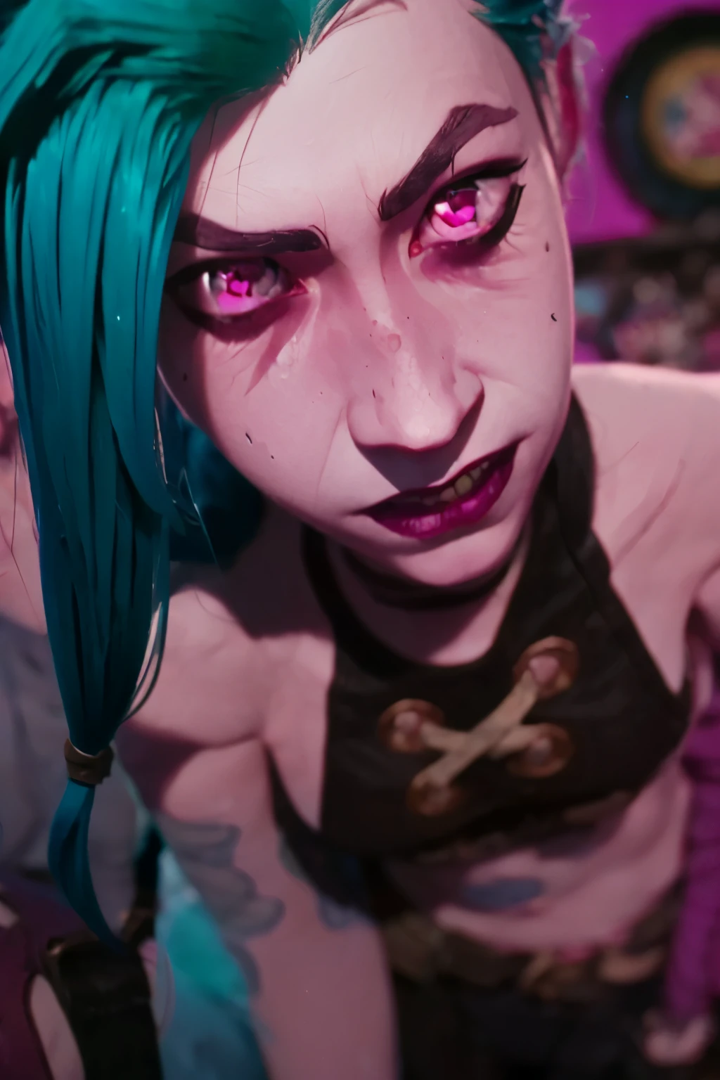  Full body. Jinx , 1girl, young girl,  ((psycho face, creppy smiling. Angry face )), (((skin texture))), cinematic, ultra highly detailed, beautiful details, vivid, saturated colors, filigree detailed, tiny details, pop surrealism, cowboy shot. ((Cinematic Blast magenta and cian grafitti background )) 