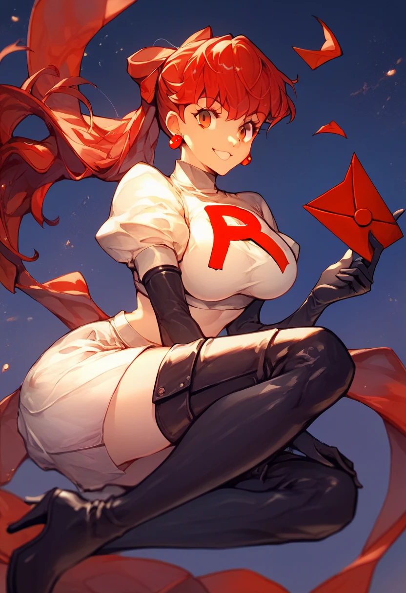 Team rocket, team rocket uniform, red letter R, white skirt,white crop top,black thigh-high boots, black elbow gloves, evil smile, night sky background, earrings, large breasts, high-heeled boots, kasumi yoshizawa, red hair