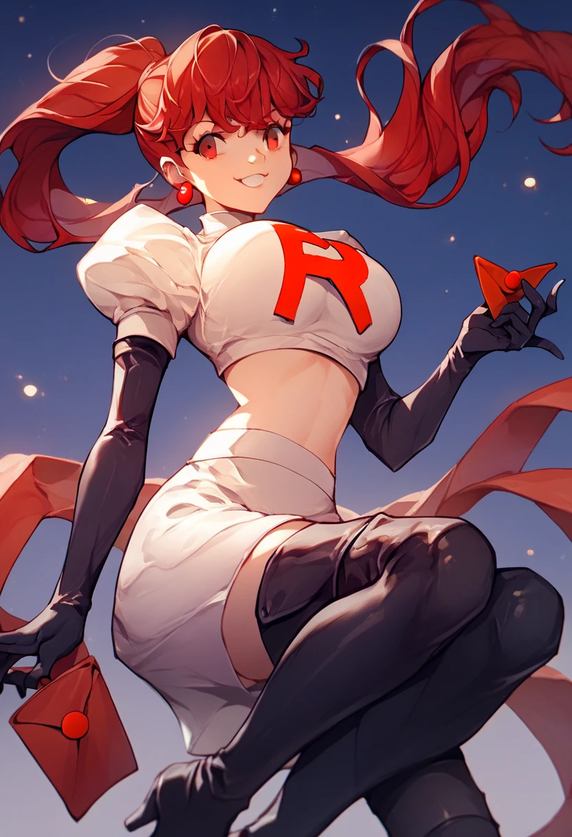 Team rocket, team rocket uniform, red letter R, white skirt,white crop top,black thigh-high boots, black elbow gloves, evil smile, night sky background, earrings, large breasts, high-heeled boots, kasumi yoshizawa, red hair