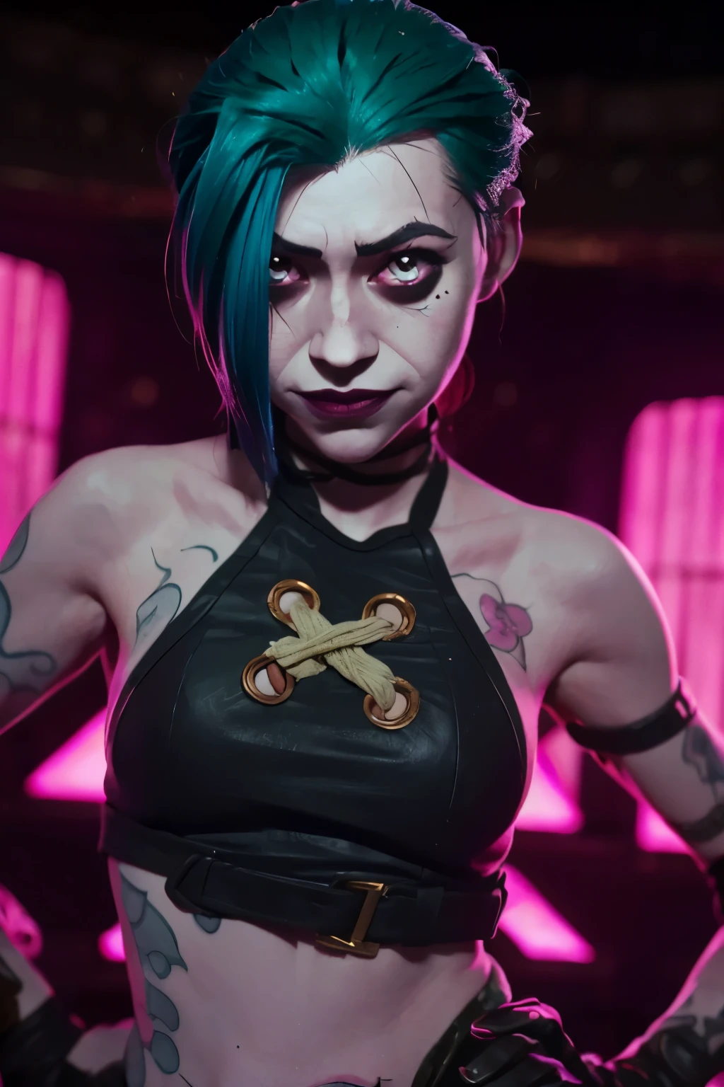  Full body. Jinx , 1girl, young girl,  ((psycho face, creppy smiling. Angry face )), (((skin texture))), cinematic, ultra highly detailed, beautiful details, vivid, saturated colors, filigree detailed, tiny details, pop surrealism, cowboy shot. ((Cinematic Blast magenta and cian grafitti background )) 