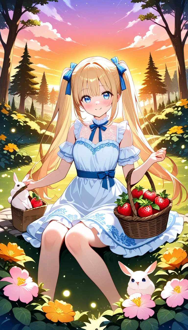 1girl, solo, long blonde hair ,twin tails, bright blue eyes , blush , cute nose ring, frilly white dress with yellow and orange flowers embroidered on it, holding a basket of freshly picked strawberries under her arm,whimsical forest, sunset, tree covered in vines and mosses, orange and pink hue sky, fireflies, small rabbit peeking out from behind nearby bush, playful and carefree,sitting