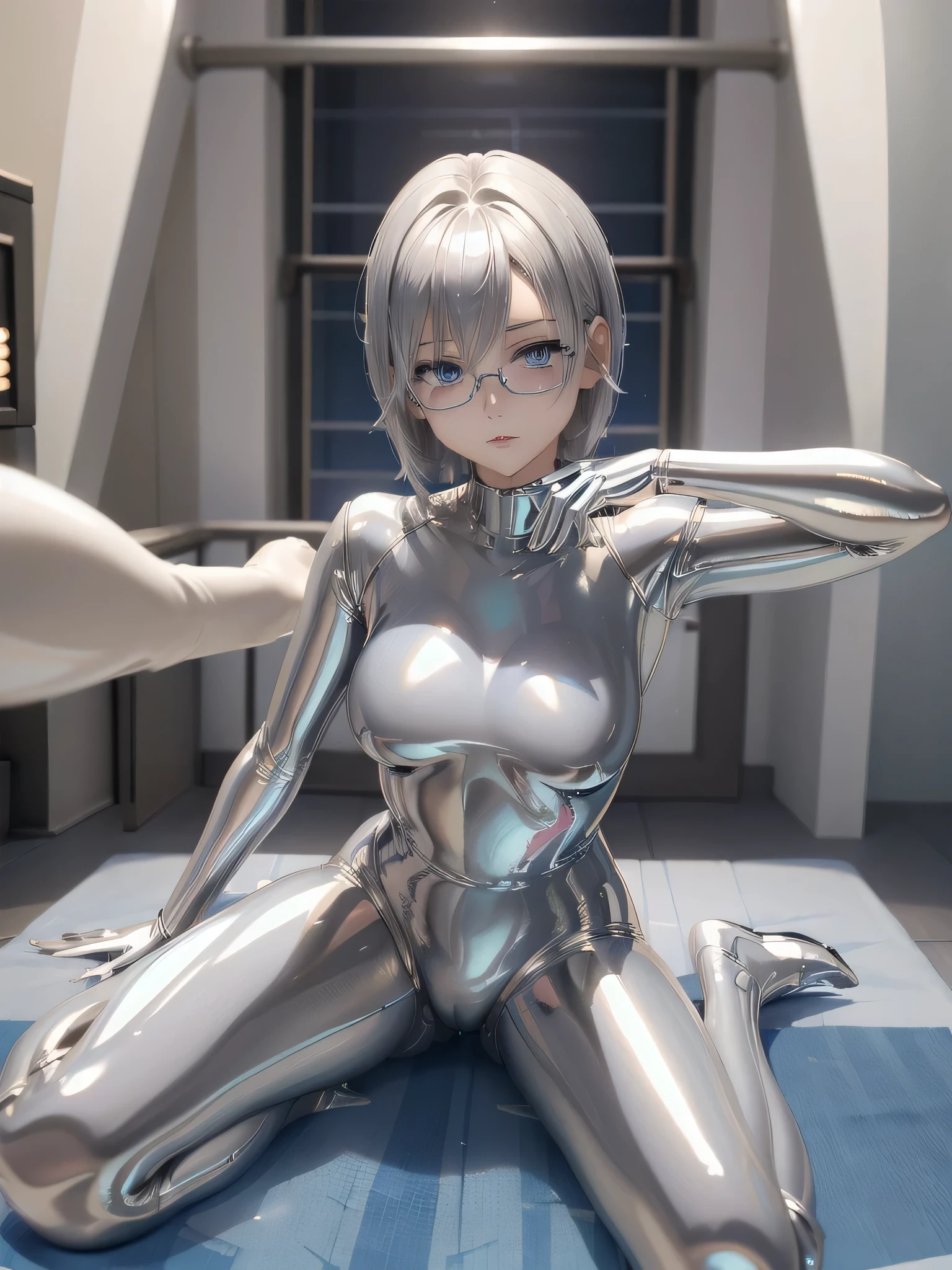((Best Quality)), ((masterpiece)), ( Details), (8k), (UHD), Close-up、 short hair、 blue eyes 、 Silver Hair、Glasses、Spread your legs wide、Full body silver metallic enamel suitを着た美女、Full body silver metallic enamel suit