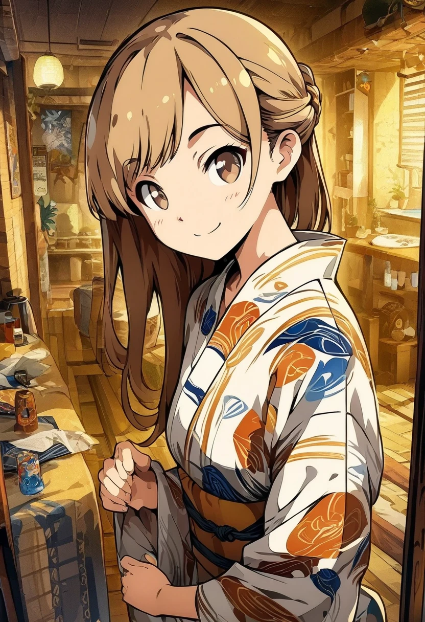 (( masterpiece )) , ( review) , ( Light Brown Eyes ) , ( Detailed Art Style) , ( very detailed) ,  watching viewers ,  smiles lightly,  review,  Light Brown Eyes ,Yukata、hostel