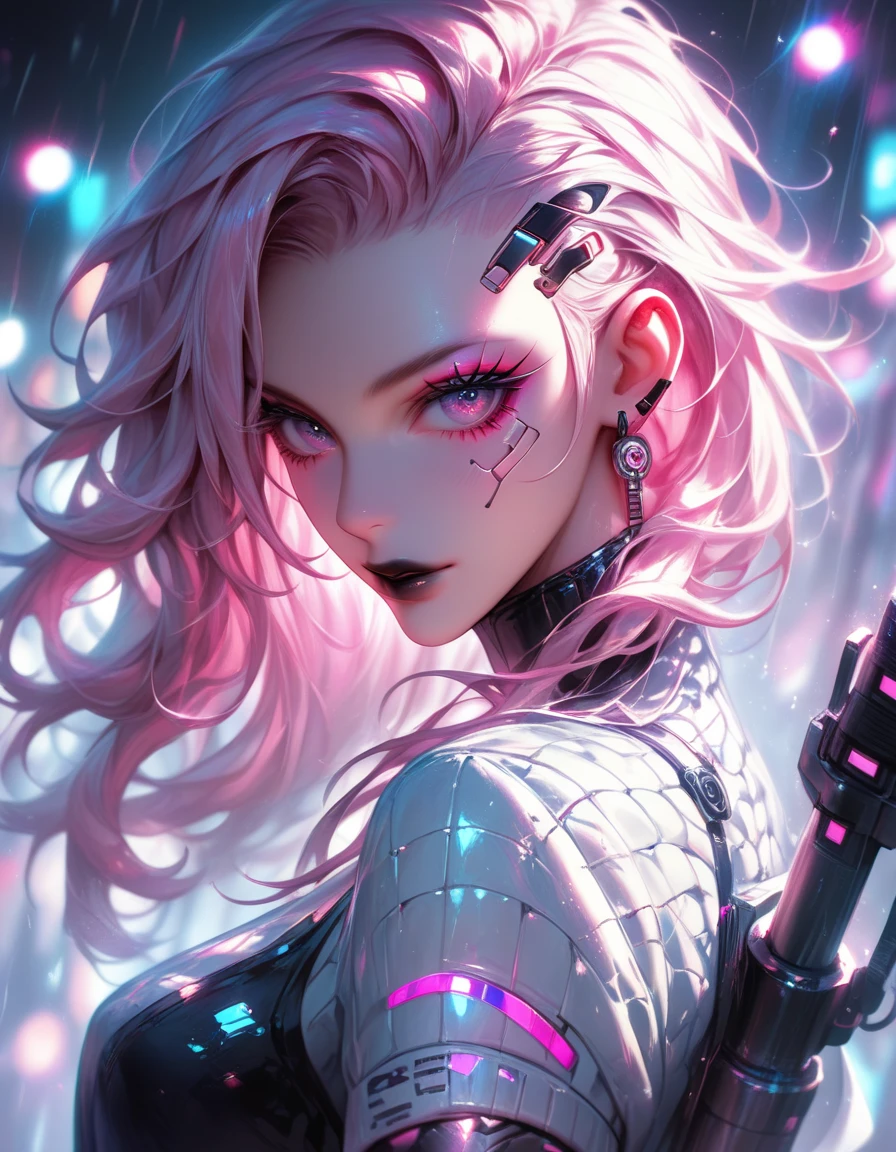 a cyberpunk theme. The layout is centered around a female figure with striking neon pink hair, styled in voluminous waves. Her skin is pale, with intricate metallic and circuit-like designs adorning her face, giving a futuristic appearance. She wears black lipstick and dark eye makeup, enhancing her intense gaze. The subject is holding a soldering iron in a gloved hand, poised over a skull embedded with electronic components and wires, suggesting a blend of organic and mechanical elements. The background is filled with blurred, colorful lights and electronic equipment, contributing to the high-tech, dystopian atmosphere. The overall color palette is dominated by neon hues and metallic tones, creating a visually striking and immersive scene. 