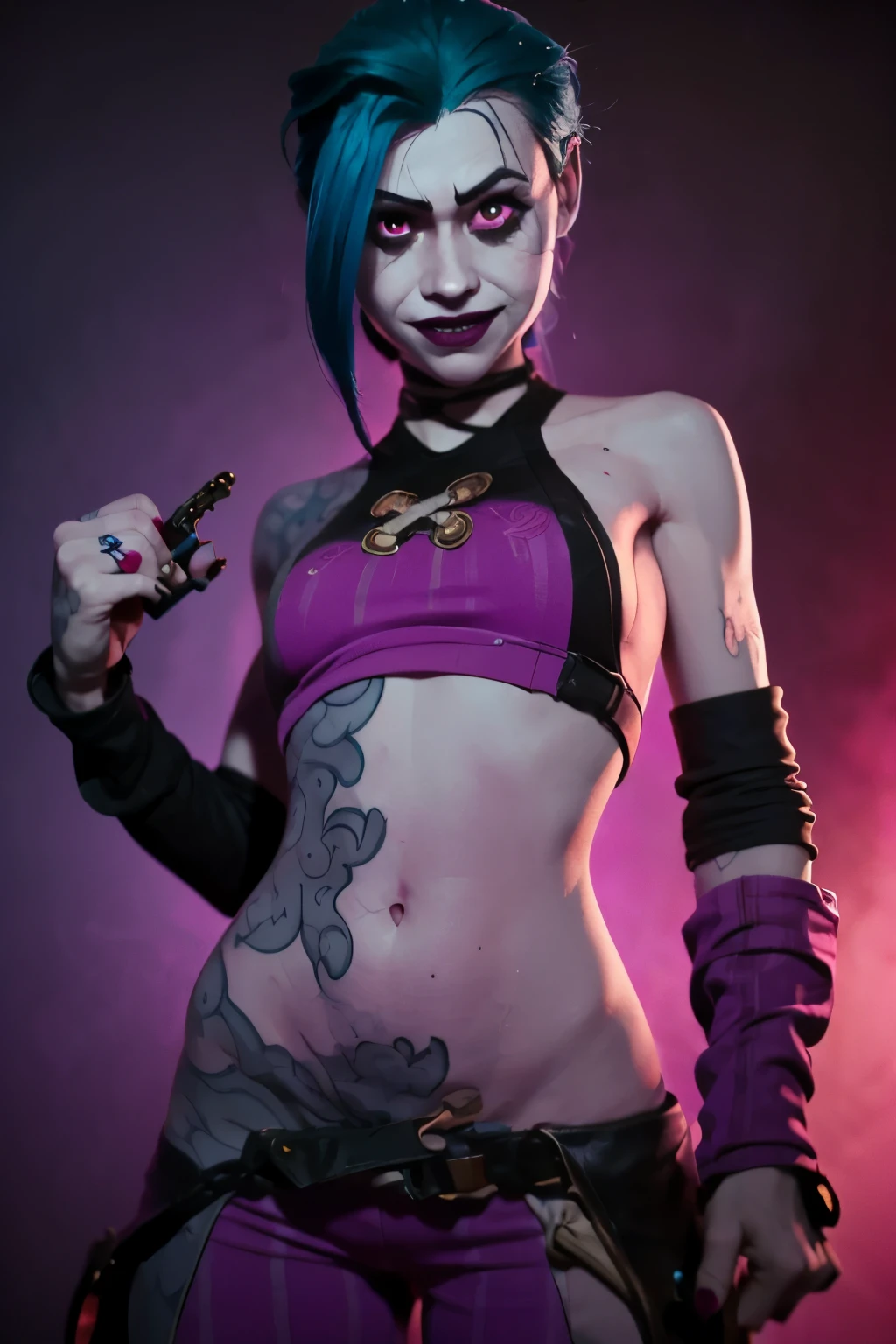  Full body. Jinx , 1girl, young girl,  ((psycho face, creppy smiling. Angry face )), (((skin texture))), cinematic, ultra highly detailed, beautiful details, vivid, saturated colors, filigree detailed, tiny details, pop surrealism, cowboy shot. ((Cinematic Blast magenta and cian grafitti background )) 