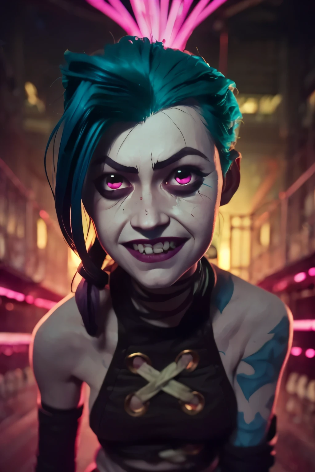  Full body. Jinx , 1girl, young girl,  ((psycho face, creppy smiling. Angry face )), (((skin texture))), cinematic, ultra highly detailed, beautiful details, vivid, saturated colors, filigree detailed, tiny details, pop surrealism, cowboy shot. ((Cinematic Blast magenta and cian grafitti background )) 