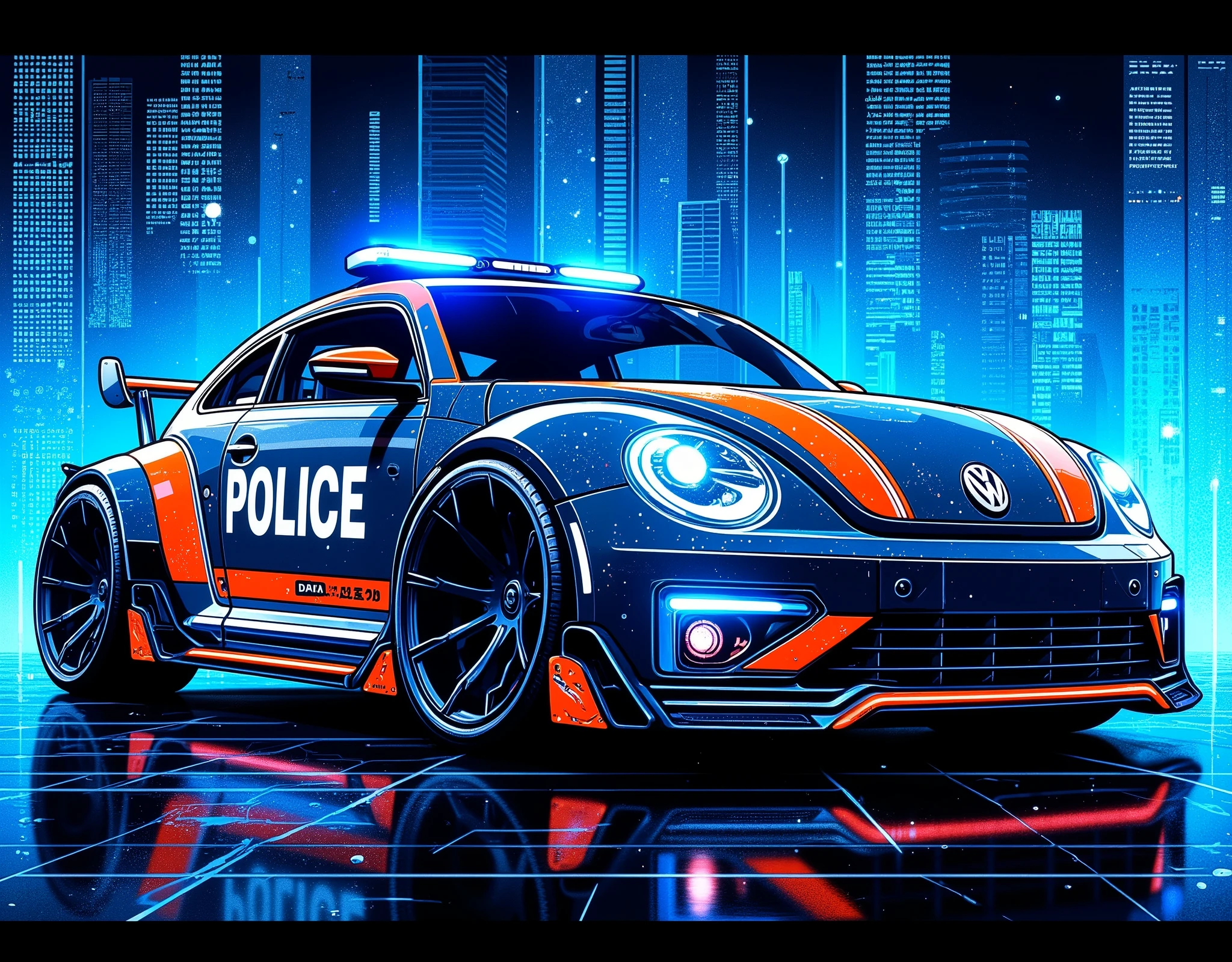 (masterpiece:1.2),( best quality),(Super detailed),(  super high definition ),(  Best Illustration ),8k, wallpaper, Car of the Future,Police vehicles influenced by the Volkswagen Beetle,Vector art,Layered Textures  ,progressive,SF,  Cyberpunk ,( The background is a blue hologram with a large blue grid pattern),("POLICE")