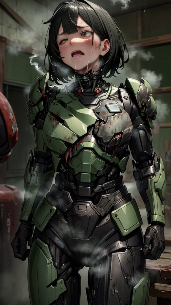 Rough skin, Very detailed, Advanced Details, high quality, 最high quality, High resolution, 1080P 、Bleeding from the wound、Sexy Eyes、Wearing green and black、cute((The whole body is sweating))(Equipped with a damaged battle suit....)(Dark green armor)(Broken Armor)Black Hair、Chiquita、short hair、Open your mouth、Painful expression、It hurts again、Healthy Skin、20-year-old female　defeat　(Steam coming out of the face) ((Steam from the body)) 　Unable to fight　Severe attacks　((I was thrown against the wall、Headgear is broken.　)) Flying debris　bare hands　Armor Stripping