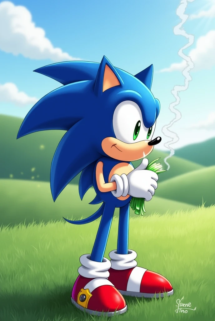 sonic entrain de fumer un joint sur un tank weed en cartoon