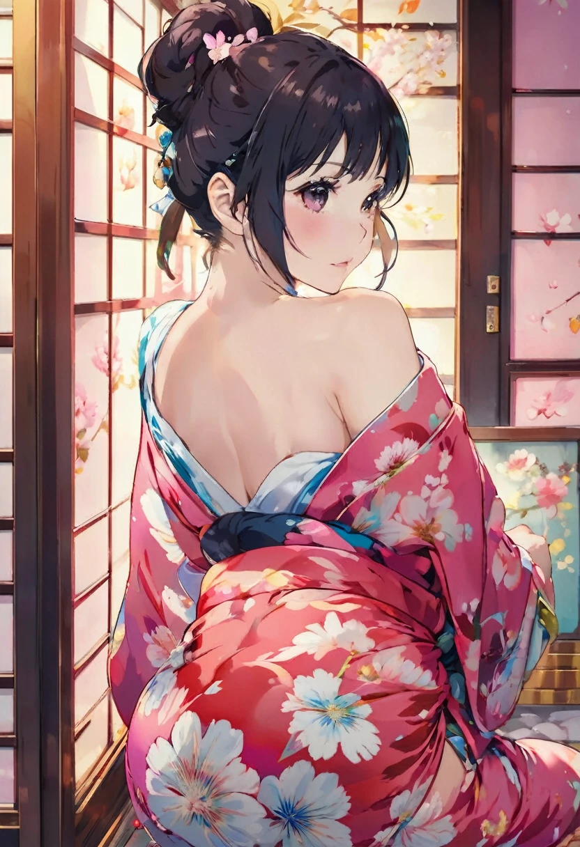 A woman wearing a yukata、(( nipple exposure))、squat、spread pussy、love juice、close-up pussy,back view