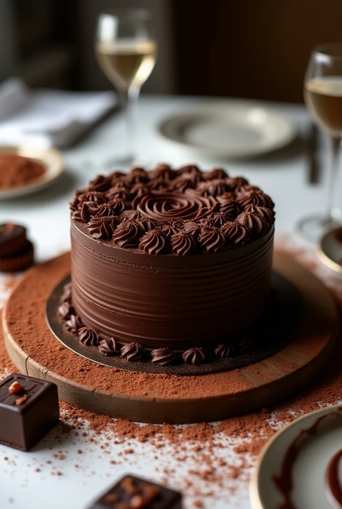 A beautiful chocolate cake on a nice table decorated with lots of chocolates next to it 