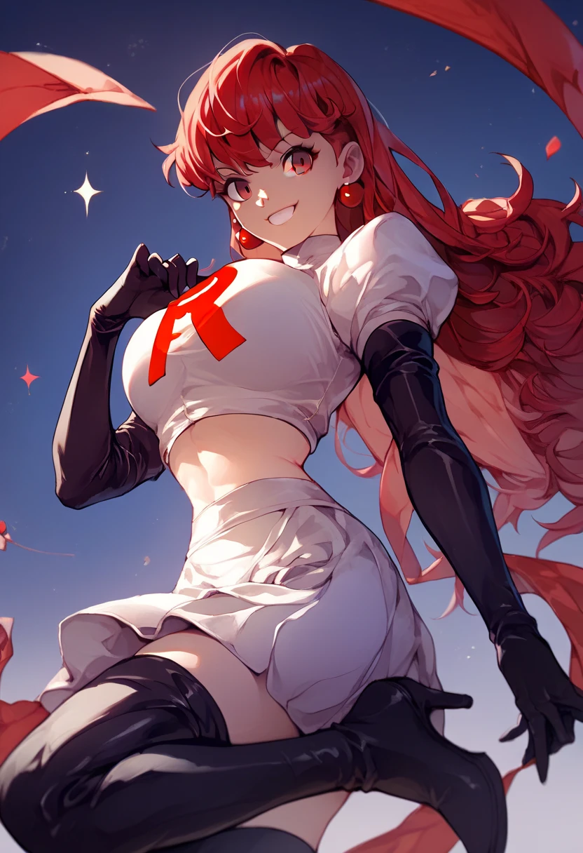 Team rocket, team rocket uniform, red letter R, white skirt,white crop top,black thigh-high boots, black elbow gloves, evil smile, night sky background, earrings, large breasts, high-heeled boots, kasumi yoshizawa, red hair