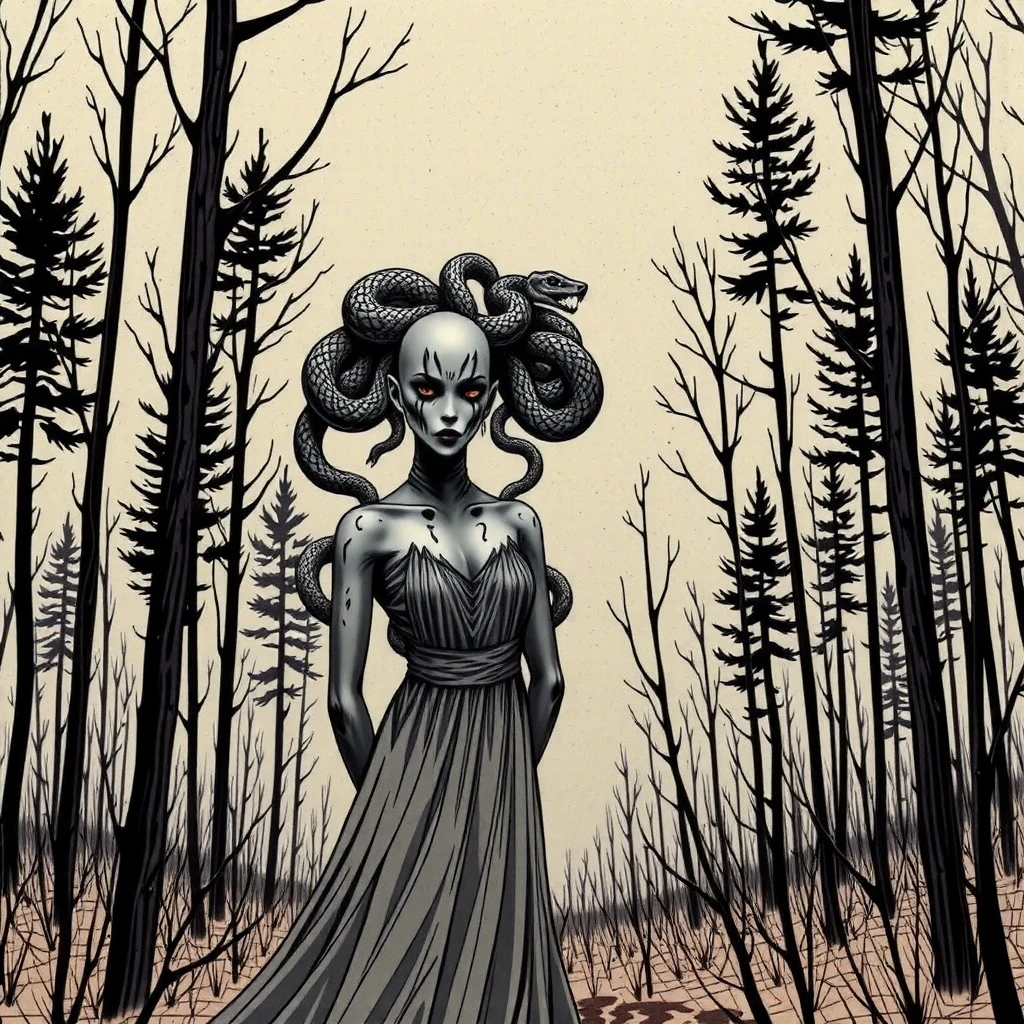 An expressive over the shoulder unfinished cartoon sketch featuring a hairless figure Medusa in a maxi dress. MEDUSA has snakes on their head with accurate snake bodies, snake scales, and a snake tail rattle. The drawing includes ornate corpsepaint blackmetal facepaint, resembling Grace Jones. The style blends the art aesthetics of Sean Gordon Murphy and Joelle Jones with a rough sketch charcoal art style. The sketch shows rough-draft pencil lines underneath with bold lines over a rough-sketch inking, using an ink and charcoal blend. The scene is set in the pine barrens with sparse trees, emphasizing a candid, sorrowful expression. The sketch uses angular and expressive lines in an incomplete, unfinished style, evoking a sense of embering dim glow fiery decay. Colors include red, yellow, and blue (RYB coloring), (sfw), clothed. --no polished --no clean --no detailed --no smooth --no refined
