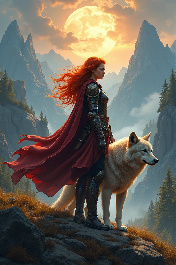 Create the cover for an epic fantasy book, where the red-haired protagonist has a wolf .