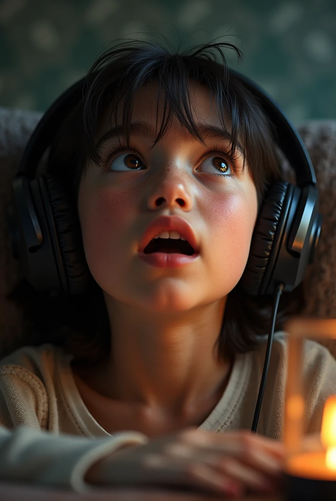 cute boy listening to music , Des yeux clairs brillants, Biomechanical, odd, flippant, cauchemardesque, dark night, Light particles, with bright light, Mshiff, Art du papier peint, UHD wallpaper