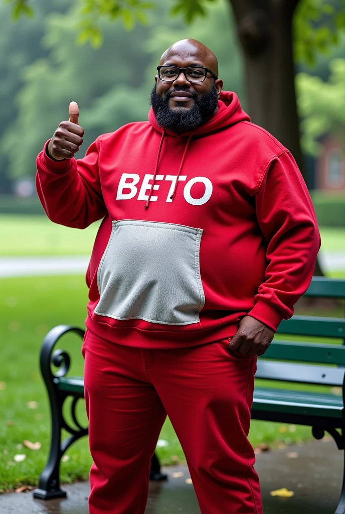 Highly realistic and detailed photograph of a black man, medium fat, 38 years old, average height 1.72, bald (shaved head), big head, big chin, big black beard, wearing square prescription glasses and black frames, dressed in costume wearing a red teletubbie with a hood on his head and he is standing in front of a green park bench, the name "BETO" is written on his clothes, lonely and rainy weather, full body, facing the camera, posing with a thumbs up sign. one hand, zoom out