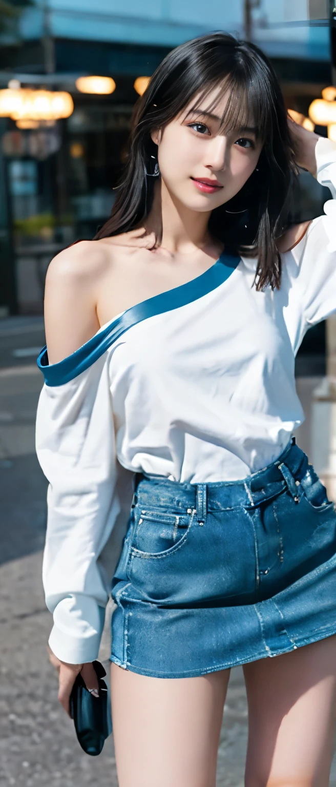 (8K、Raw photo、highest quality、masterpiece:1.2)、(realistic、Photoreal)、1 girl、((off shoulder、one piece、white、by the sea、I can see your feet、stand with hands on hips、big breasts、Seen from the front、stand with legs apart、))、lots of eyelashes、Glitter on your eyelids、skeletally correct、smile、standing with hands on hips、