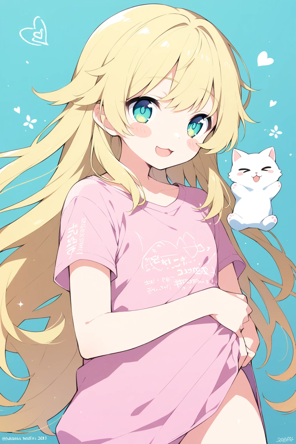   1 girl,  best quality, genshin impact, Oriental Project,Honkai：star rail , (),blade (),((, Butter Chalk ,Yoshinari Hiroshi ,Mika Pikazo)), holding animal, Short sleeve, No pants,   open your mouth ,   upper body,  Viewers, pink  shirt, very Long Hair,  username, animal,  shirt, heart,   aqua background  ,   b's ul gem  ,  artist name , Long Hair,    Blush Stickers , t- shirt,  Blonde, clavicle, :3, Alone,  light blue eyes,  shirt tug, holding,  yellow eyes,  Writing on clothes , cat,

masterpiece, Latest,   absurd, safe