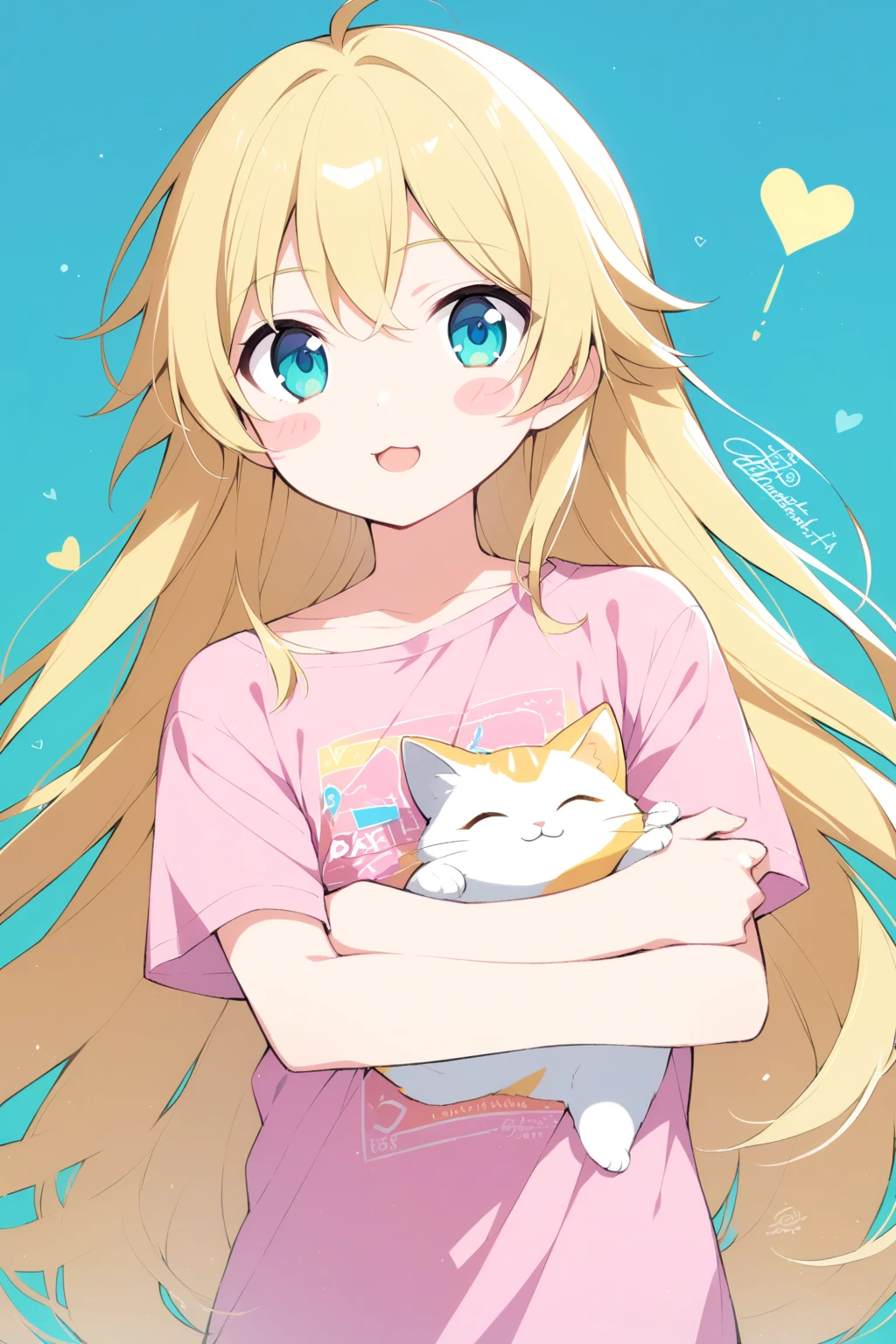   1 girl,  best quality, genshin impact, Oriental Project,Honkai：star rail , (),blade (),((, Butter Chalk ,Yoshinari Hiroshi ,Mika Pikazo)), holding animal, Short sleeve, No pants,   open your mouth ,   upper body,  Viewers, pink  shirt, very Long Hair,  username, animal,  shirt, heart,   aqua background  ,   b's ul gem  ,  artist name , Long Hair,    Blush Stickers , t- shirt,  Blonde, clavicle, :3, Alone,  light blue eyes,  shirt tug, holding,  yellow eyes,  Writing on clothes , cat,

masterpiece, Latest,   absurd, safe