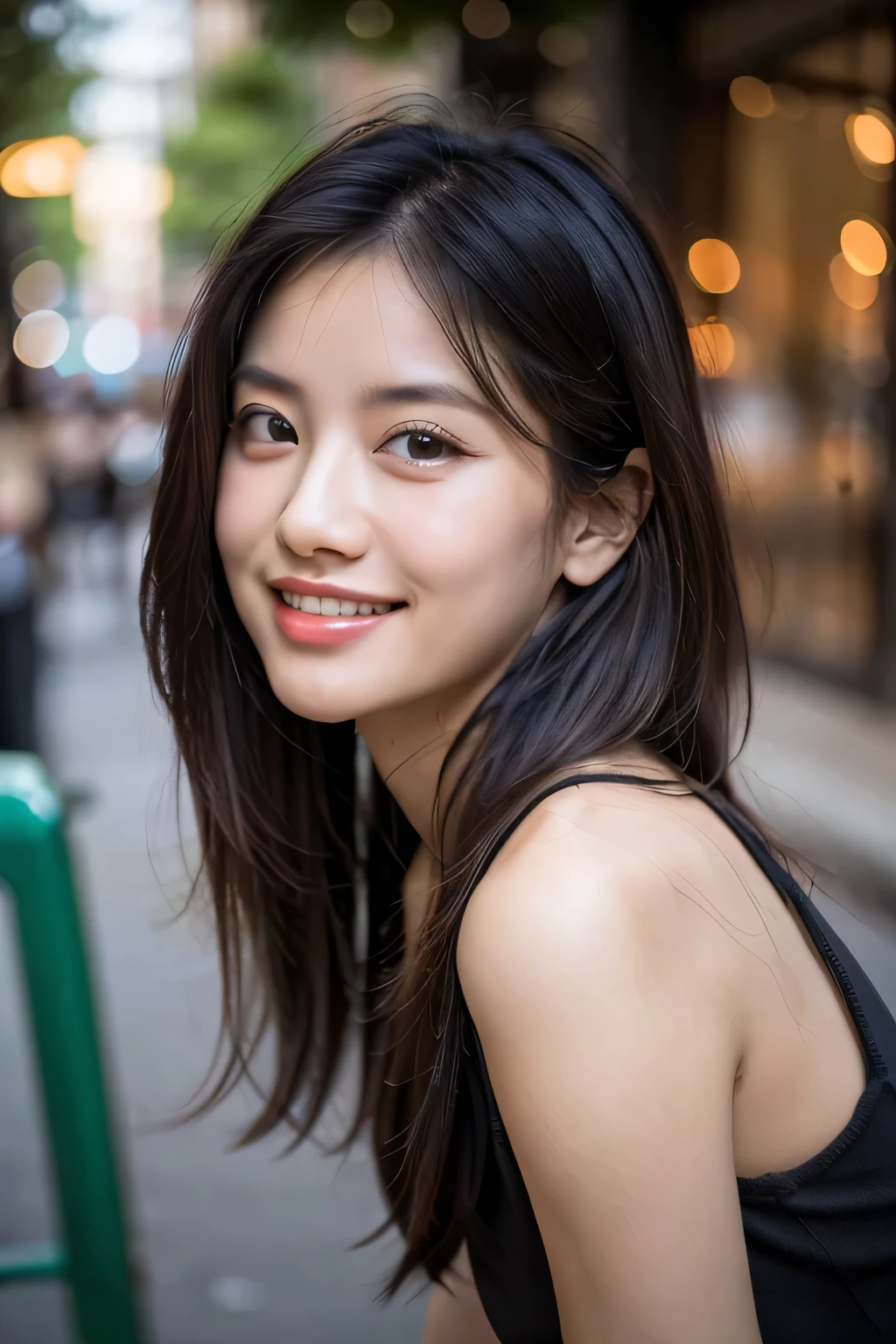A beautiful Asian girl around 36 years old, sitting on a green chair, with long and straight hair and a pair of big eyes. She was wearing a black dress and smiling as she looked at the camera. Her features are delicate, her lips are rosy, her skin is fair, and she wears earrings. The background is a shopping area.. realistic , photorealistic, masterpiece, 8K