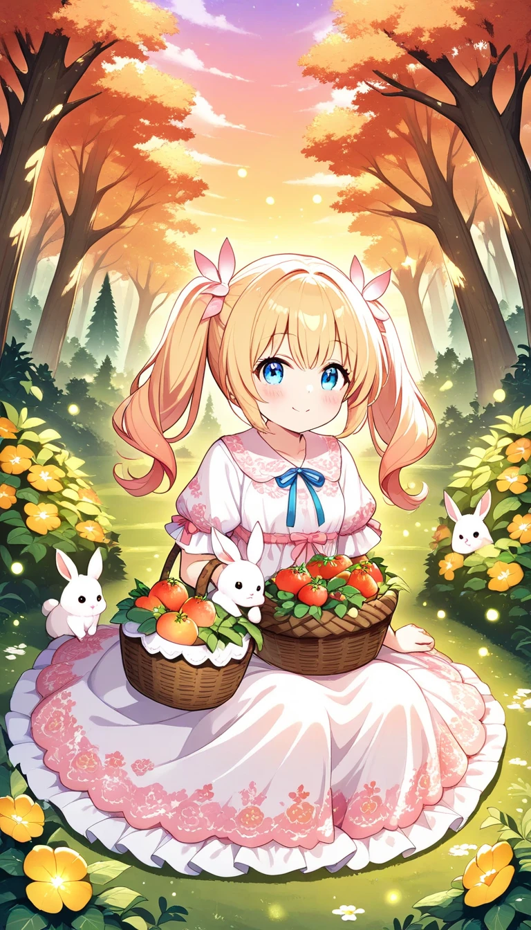 1girl, solo, long blonde hair ,twin tails, bright blue eyes , blush , cute, frilly white dress with yellow and orange flowers embroidered on it, holding a basket of freshly picked strawberries under her arm,whimsical forest, sunset, tree covered in vines and mosses, orange and pink hue sky, fireflies, small rabbit peeking out from behind nearby bush, playful and carefree,sitting