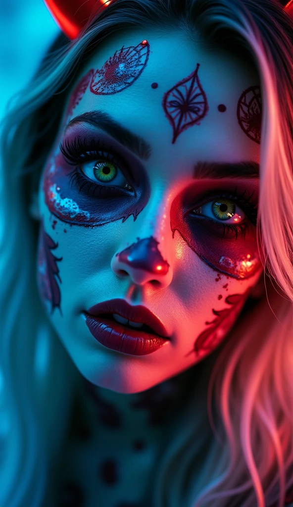 Half of the face is a skull, the other half is a woman , white 25 years old, A red rose