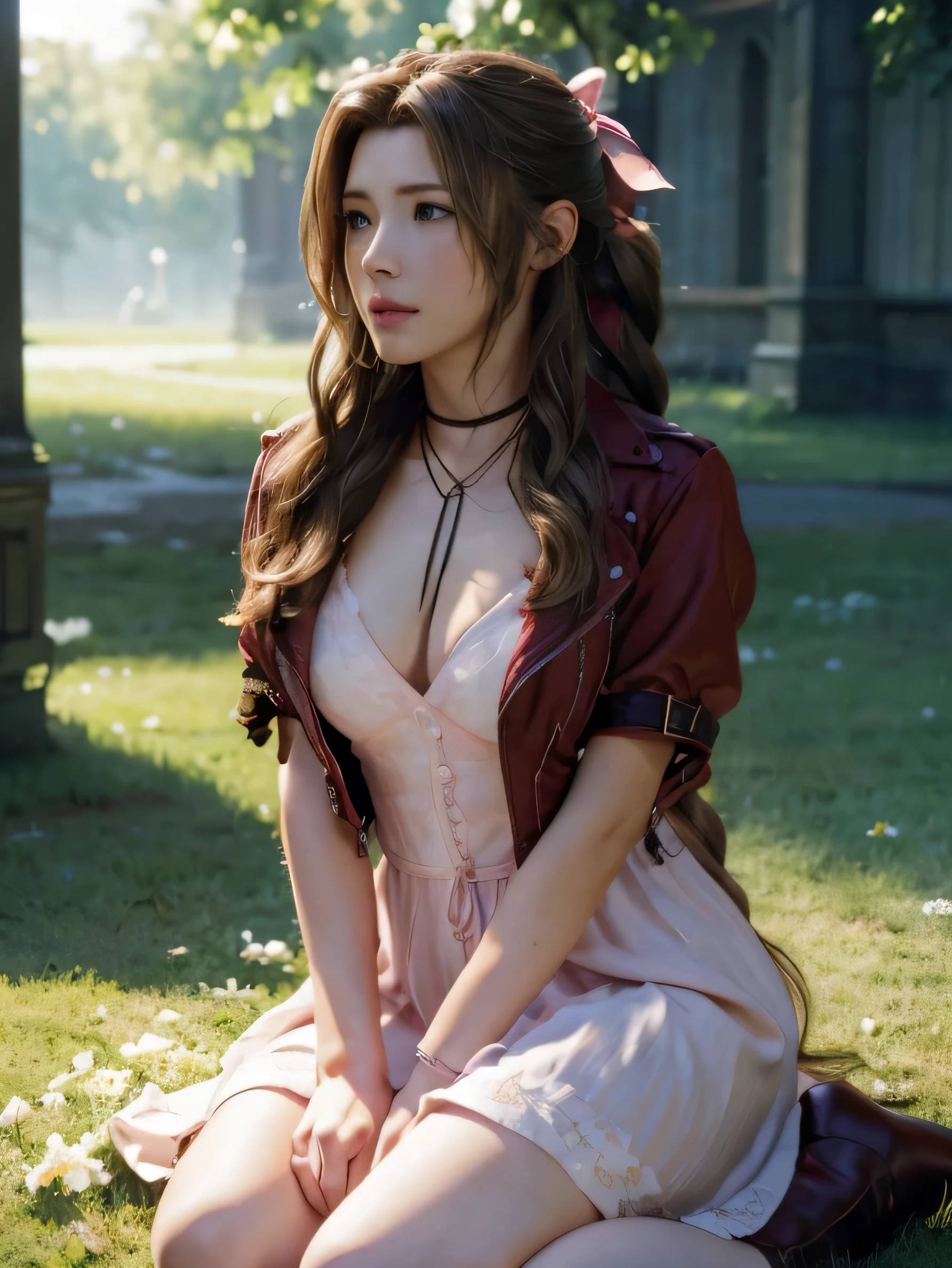 wide angle, Aerith Gainsborough Final Fantasy VII remake, (masterpiece, best quality:1.4), (future days), (sit on the grass), (full of white flowers), (1girl), solo, (european youth:1), aerith gainsborough, choker, red ballero jacket, hair bow, bracelet, pink dress, brown boots, very long hair, hair ribbons, hair flowers, strapless red dress, high heels hyperrealistic, high detailed skin, dslr, soft lighting, high quality, highly detailed face, highly detailed skin, skin pores, subsurface scattering, realistic pupils, medium breast, full face blush, full lips, detailed background, depth of field, volumetric lighting, sharp focus, absurdres, realistic proportions, good anatomy, (realistic, hyperrealistic:1.4), 16k hdr, medium breasts