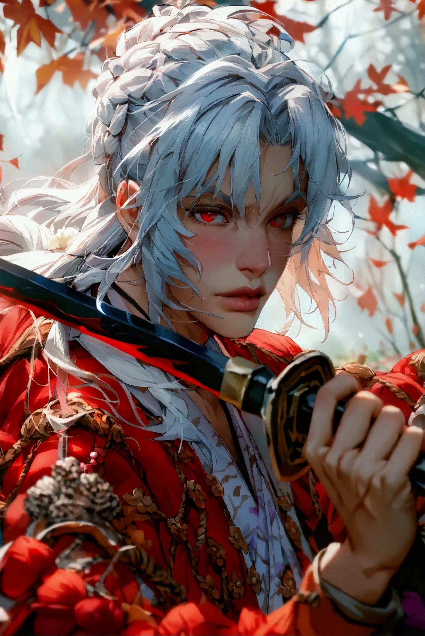 1 man, Musashi Miyamoto from the 14-year-old version, red eyes , Very long hair, ponytail , white-haired, High resolution, Ultra HD, Sword with black handle and red blade Detail , movie , tall details, Super detail, Ultra HD, 1 boy, roupas by espadachim branca e ele e espadachim Ultra HD, Super detail, movie , tall details, Necessary, Male appearance long cabelos , Horsetail ,