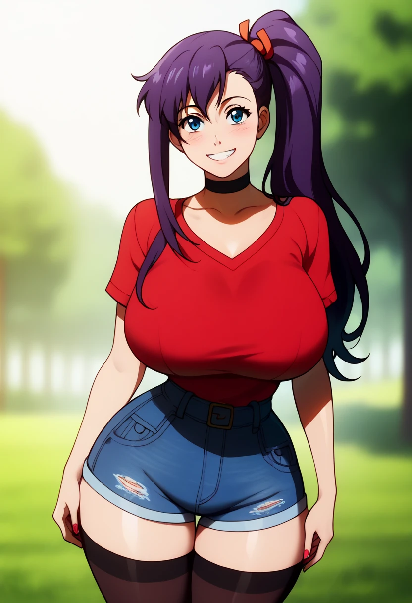 ((black stockings, denim, wide hips, high leg, huge breasts, cowboy waist, slutty),((high leg, fat thighs: 1.6)),(big breasts:1.4), choker on neck, smiling,(blushing with excitement),vulgar smile, Amaya Haruko, alone, long hair, side ponytail, purple hair, blue eyes,farm