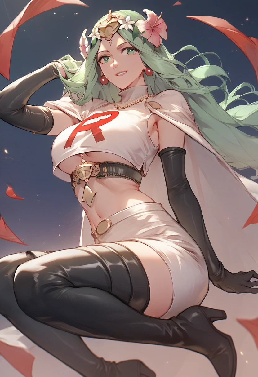 Team rocket, team rocket uniform, red letter R, white skirt,white crop top,black thigh-high boots, black elbow gloves, evil smile, night sky background, earrings, large breasts, high-heeled boots, Rhea, green hair