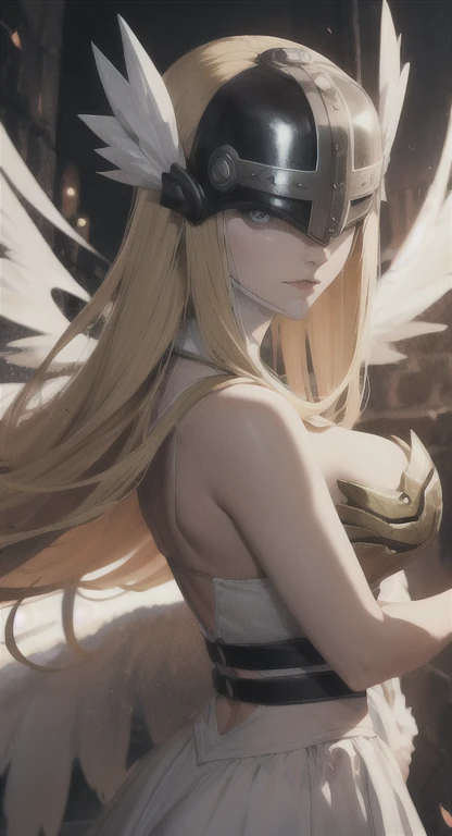 (best quality:1.3), (4k quality), ((1girl solo as angewomon)), ((Detailed face)), ((blue sky)), (masterpiece, best quality), , cowboy shot, wings, angelic cloth, beautiful face, detailed face (blurry, bokeh, fisheye lens), night, looking at viewer, contrast, perfect body, toned