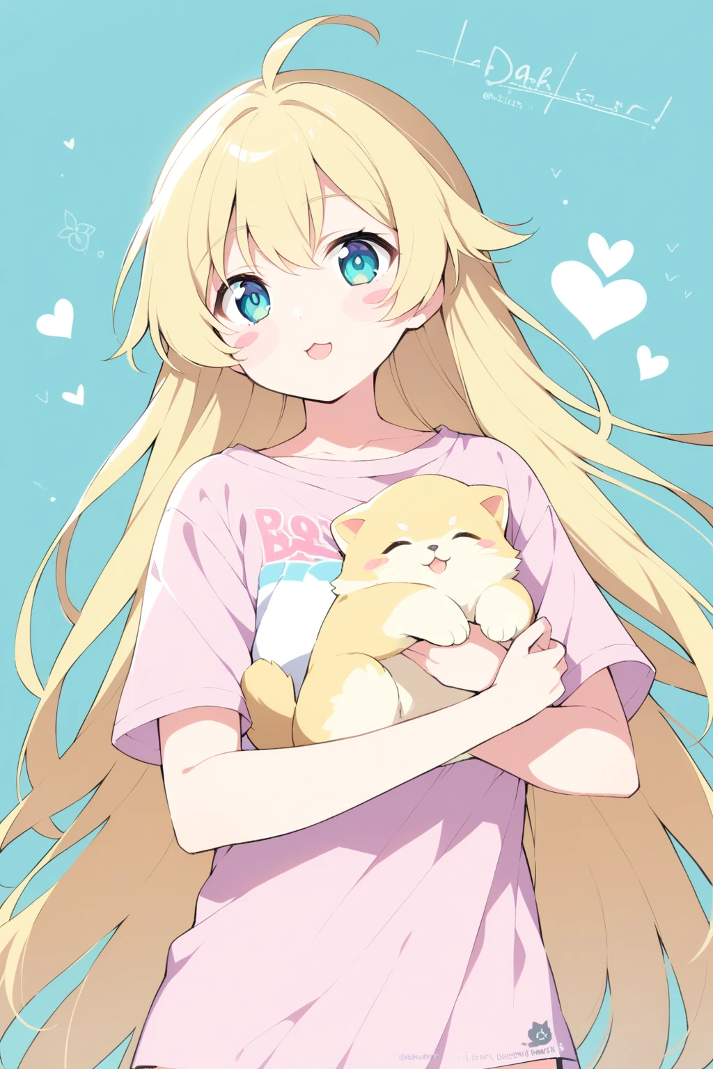   1 girl,  best quality, genshin impact, Oriental Project,Honkai：star rail , (),blade (),((, Butter Chalk ,Yoshinari Hiroshi ,Mika Pikazo)), holding animal, Short sleeve, No pants,   open your mouth ,   upper body,  Viewers, pink  shirt, very Long Hair,  username, animal,  shirt, heart,   aqua background  ,   b's ul gem  ,  artist name , Long Hair,    Blush Stickers , t- shirt,  Blonde, clavicle, :3, Alone,  light blue eyes,  shirt tug, holding,  yellow eyes,  Writing on clothes , cat,

masterpiece, Latest,   absurd, safe