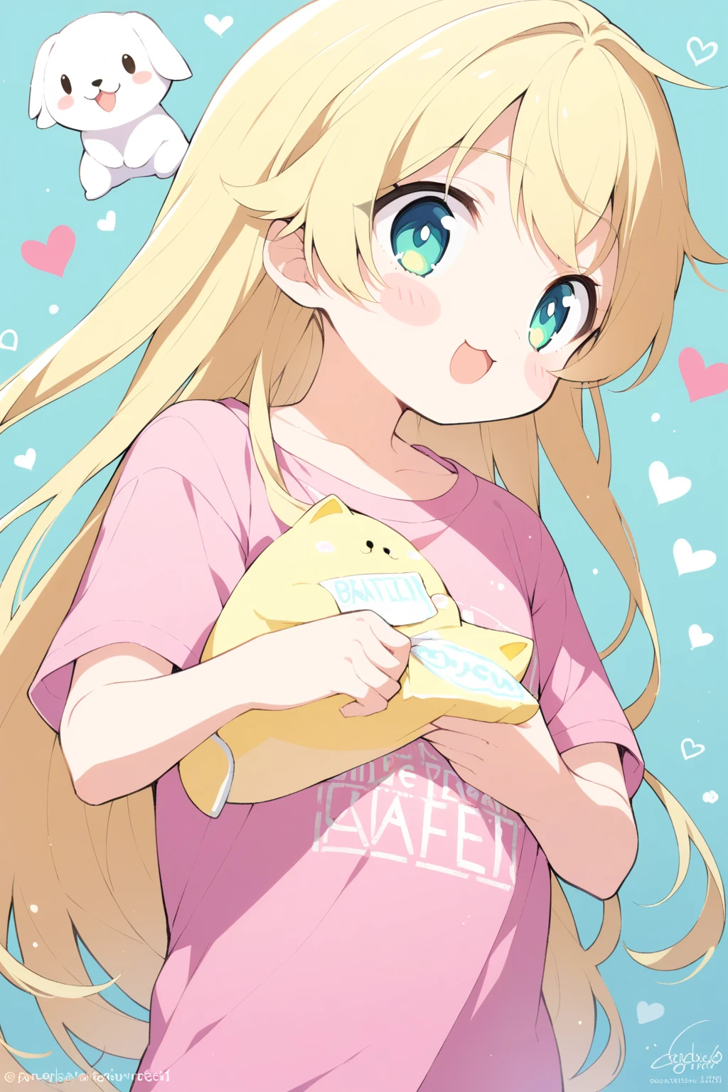   1 girl,  best quality, genshin impact, Oriental Project,Honkai：star rail , (),blade (),((, Butter Chalk ,Yoshinari Hiroshi ,Mika Pikazo)), holding animal, Short sleeve, No pants,   open your mouth ,   upper body,  Viewers, pink  shirt, very Long Hair,  username, animal,  shirt, heart,   aqua background  ,   b's ul gem  ,  artist name , Long Hair,    Blush Stickers , t- shirt,  Blonde, clavicle, :3, Alone,  light blue eyes,  shirt tug, holding,  yellow eyes,  Writing on clothes , cat,

masterpiece, Latest,   absurd, safe