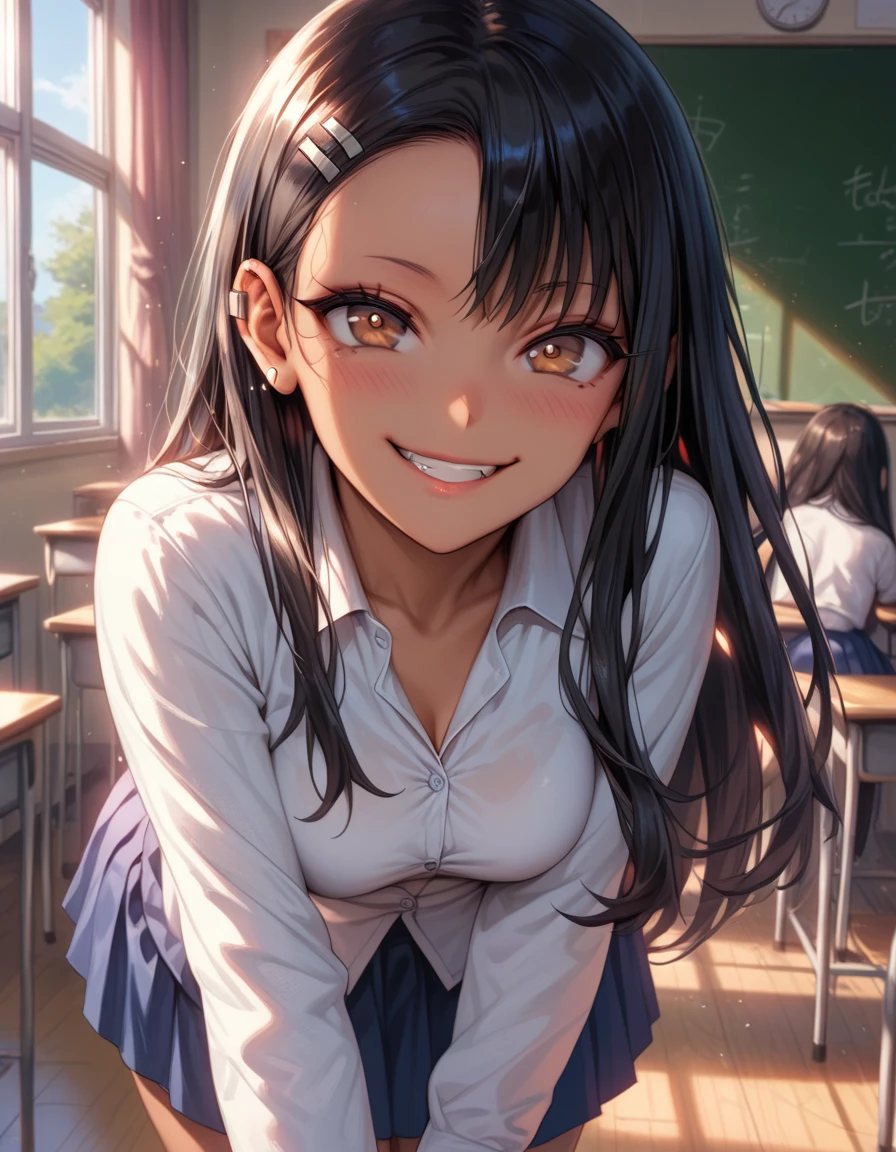 masterpiece, best quality, 1girl, solo, (curvy), cute, eyelashes, (beautiful detailed eyes), ,,, medium breasts, cute, eyelashes, hayase nagatoro, long hair, bangs, black hair, hair ornament, brown eyes, hairclip, fang, dark skin, dark-skinned female, tan, skirt, shirt, school uniform, white shirt, pleated skirt, nail polish, blue skirt, red nails, earclip, indoors, classroom, bent over, smile, looking at viewer, cowboy shot, solo, ,,, 