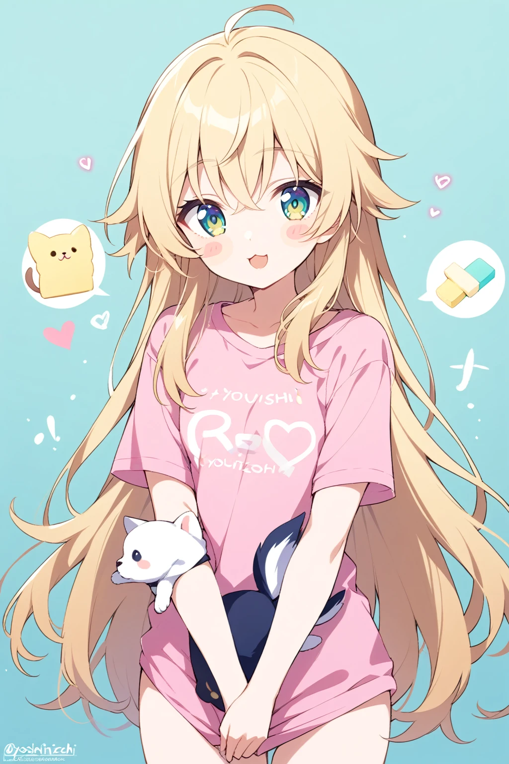   1 girl,  best quality, genshin impact, Oriental Project,Honkai：star rail , (),blade (),((, Butter Chalk ,Yoshinari Hiroshi ,Mika Pikazo)), holding animal, Short sleeve, No pants,   open your mouth ,   upper body,  Viewers, pink  shirt, very Long Hair,  username, animal,  shirt, heart,   aqua background  ,   b's ul gem  ,  artist name , Long Hair,    Blush Stickers , t- shirt,  Blonde, clavicle, :3, Alone,  light blue eyes,  shirt tug, holding,  yellow eyes,  Writing on clothes , cat,

masterpiece, Latest,   absurd, safe