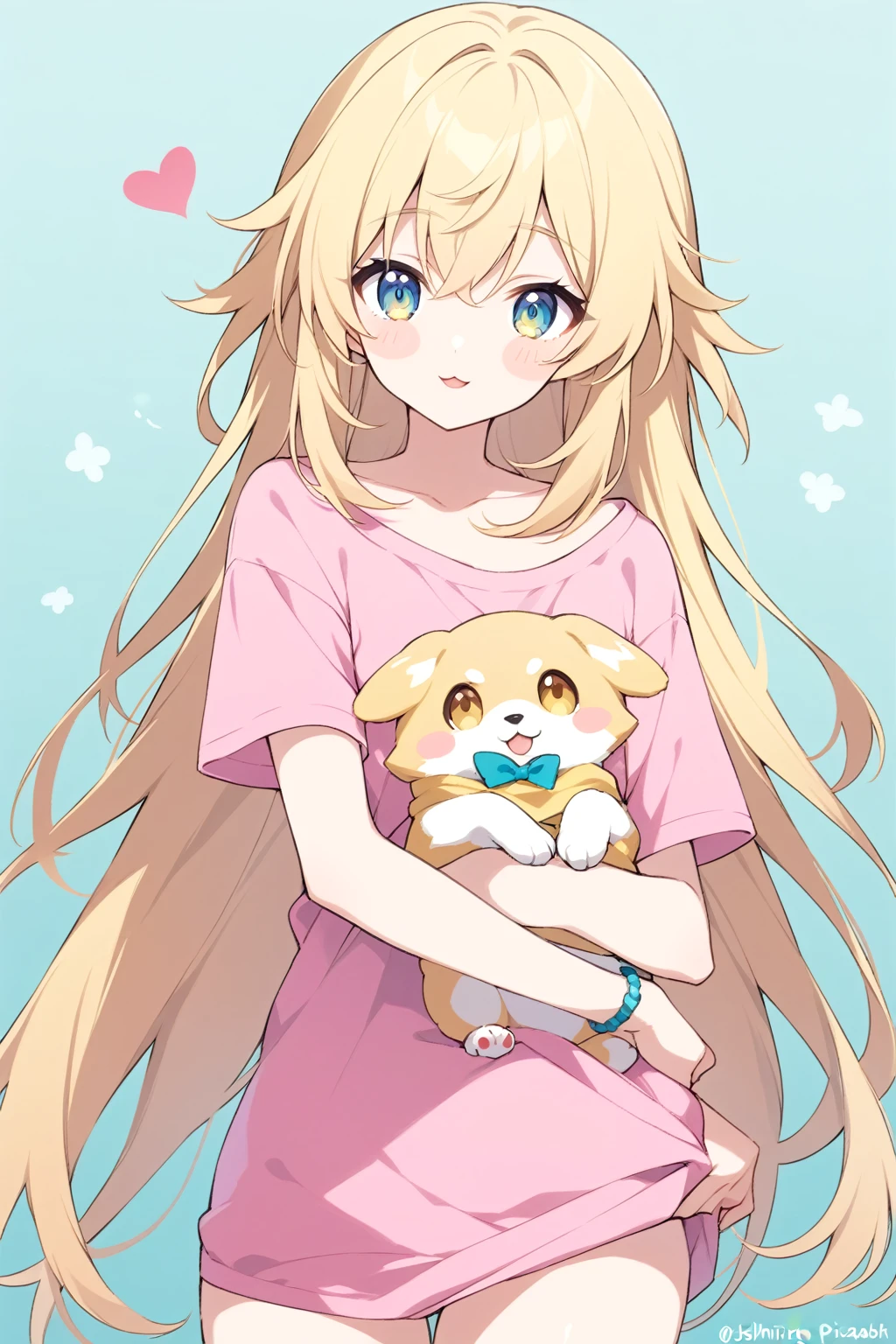   1 girl,  best quality, genshin impact, Oriental Project,Honkai：star rail , (),blade (),((, Butter Chalk ,Yoshinari Hiroshi ,Mika Pikazo)), holding animal, Short sleeve, No pants,   open your mouth ,   upper body,  Viewers, pink  shirt, very Long Hair,  username, animal,  shirt, heart,   aqua background  ,   b's ul gem  ,  artist name , Long Hair,    Blush Stickers , t- shirt,  Blonde, clavicle, :3, Alone,  light blue eyes,  shirt tug, holding,  yellow eyes,  Writing on clothes , cat,

masterpiece, Latest,   absurd, safe