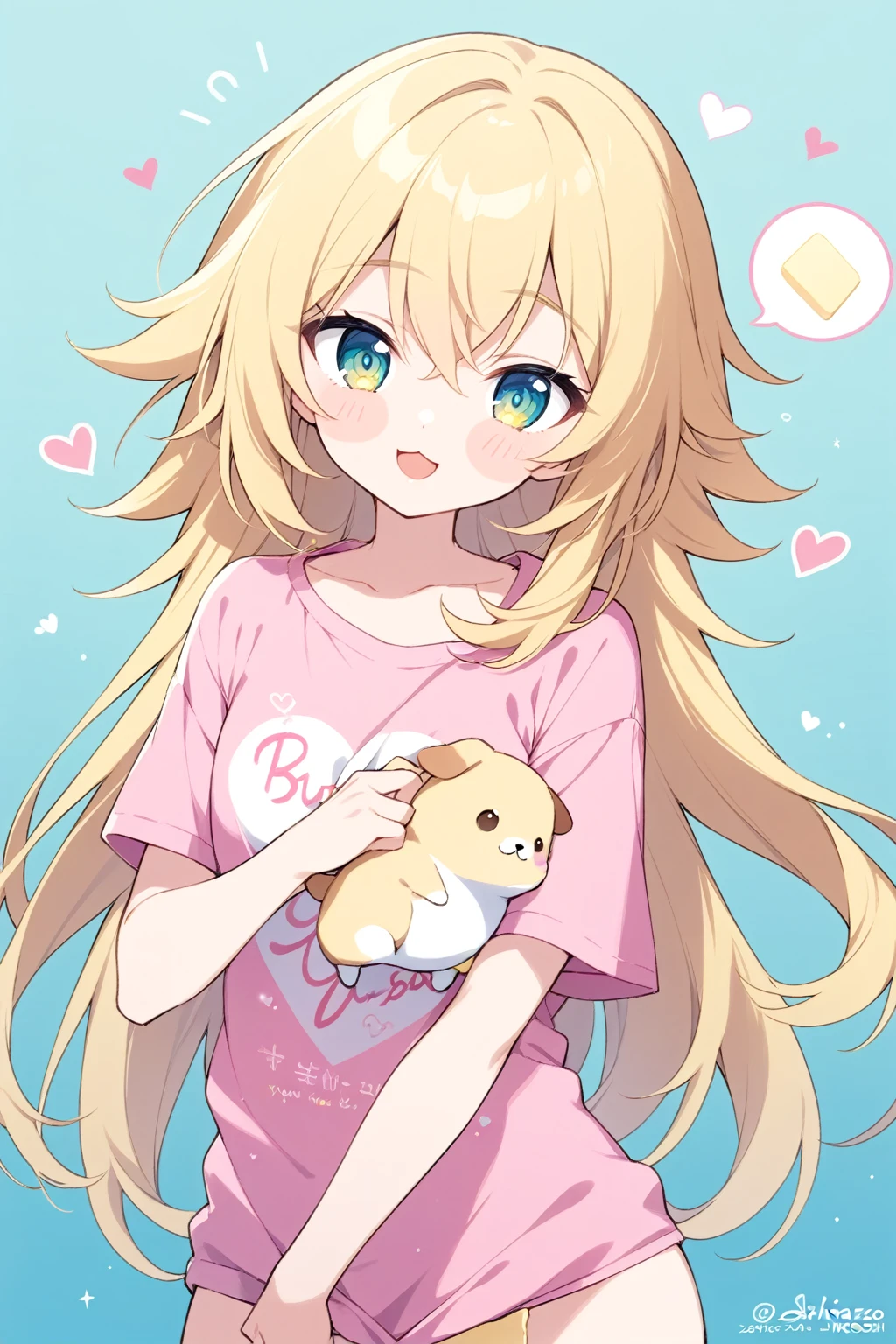   1 girl,  best quality, genshin impact, Oriental Project,Honkai：star rail , (),blade (),((, Butter Chalk ,Yoshinari Hiroshi ,Mika Pikazo)), holding animal, Short sleeve, No pants,   open your mouth ,   upper body,  Viewers, pink  shirt, very Long Hair,  username, animal,  shirt, heart,   aqua background  ,   b's ul gem  ,  artist name , Long Hair,    Blush Stickers , t- shirt,  Blonde, clavicle, :3, Alone,  light blue eyes,  shirt tug, holding,  yellow eyes,  Writing on clothes , cat,

masterpiece, Latest,   absurd, safe