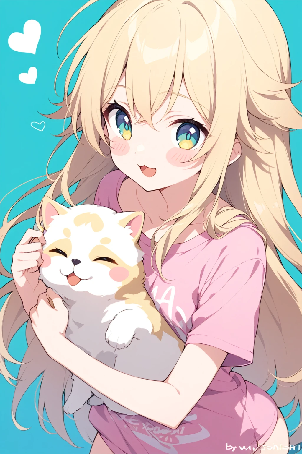   1 girl,  best quality, genshin impact, Oriental Project,Honkai：star rail , (),blade (),((, Butter Chalk ,Yoshinari Hiroshi ,Mika Pikazo)), holding animal, Short sleeve, No pants,   open your mouth ,   upper body,  Viewers, pink  shirt, very Long Hair,  username, animal,  shirt, heart,   aqua background  ,   b's ul gem  ,  artist name , Long Hair,    Blush Stickers , t- shirt,  Blonde, clavicle, :3, Alone,  light blue eyes,  shirt tug, holding,  yellow eyes,  Writing on clothes , cat,

masterpiece, Latest,   absurd, safe