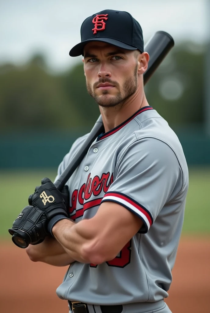 baseballplayer, photo of a Belgian man, holding baseball bat, baseball uniform, helmet, white pants, gloves, baseball field, dugout, realistic, masterpiece, intricate details, detailed background, depth of field,