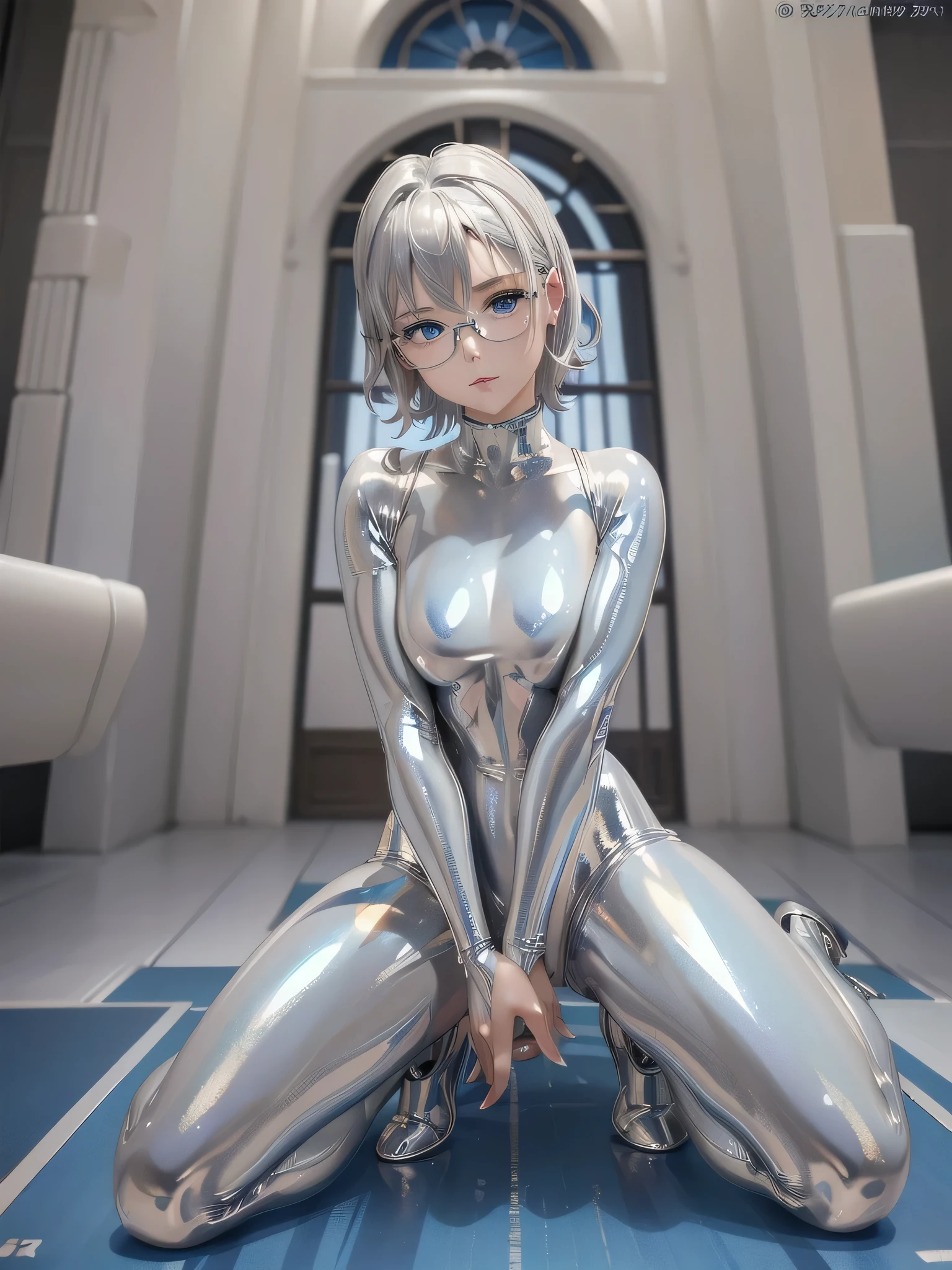 ((Best Quality)), ((masterpiece)), ( Details), (8k), (UHD), Close-up、 short hair、 blue eyes 、 Silver Hair、Glasses、Spread your legs wide、Full body silver metallic enamel suitを着た美女、Full body silver metallic enamel suit