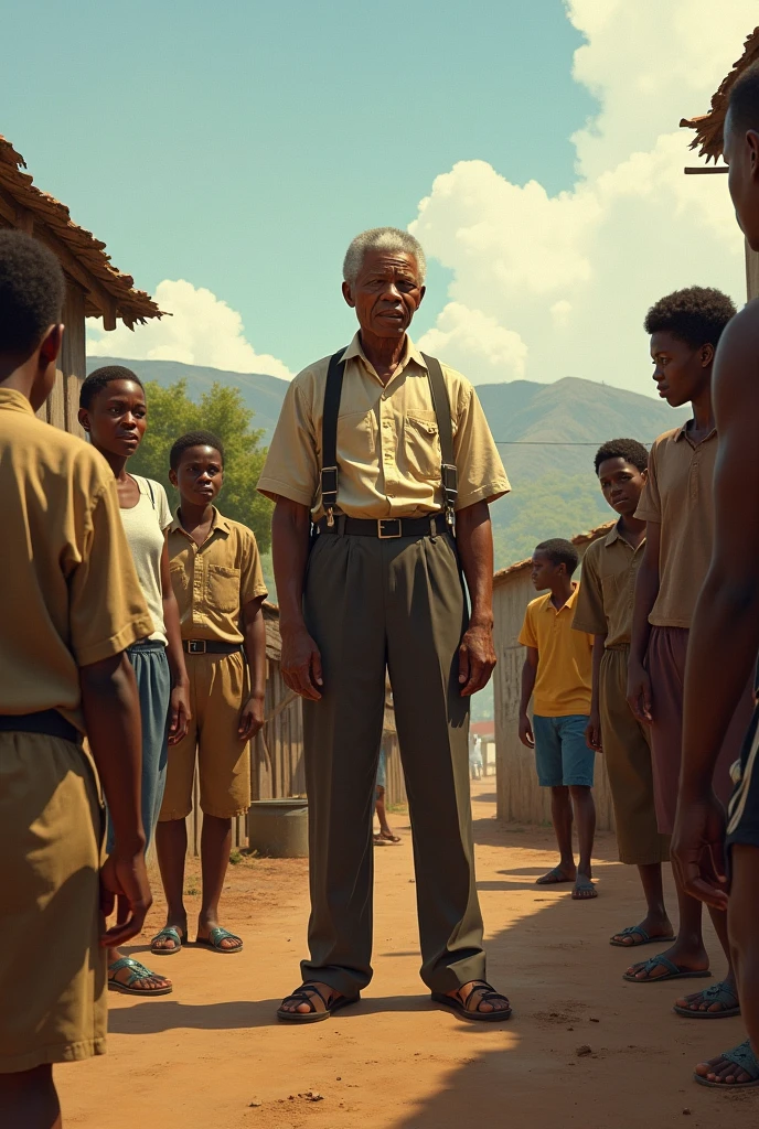 a picture of an africa america boy of 12 y.o talking to some elder people
