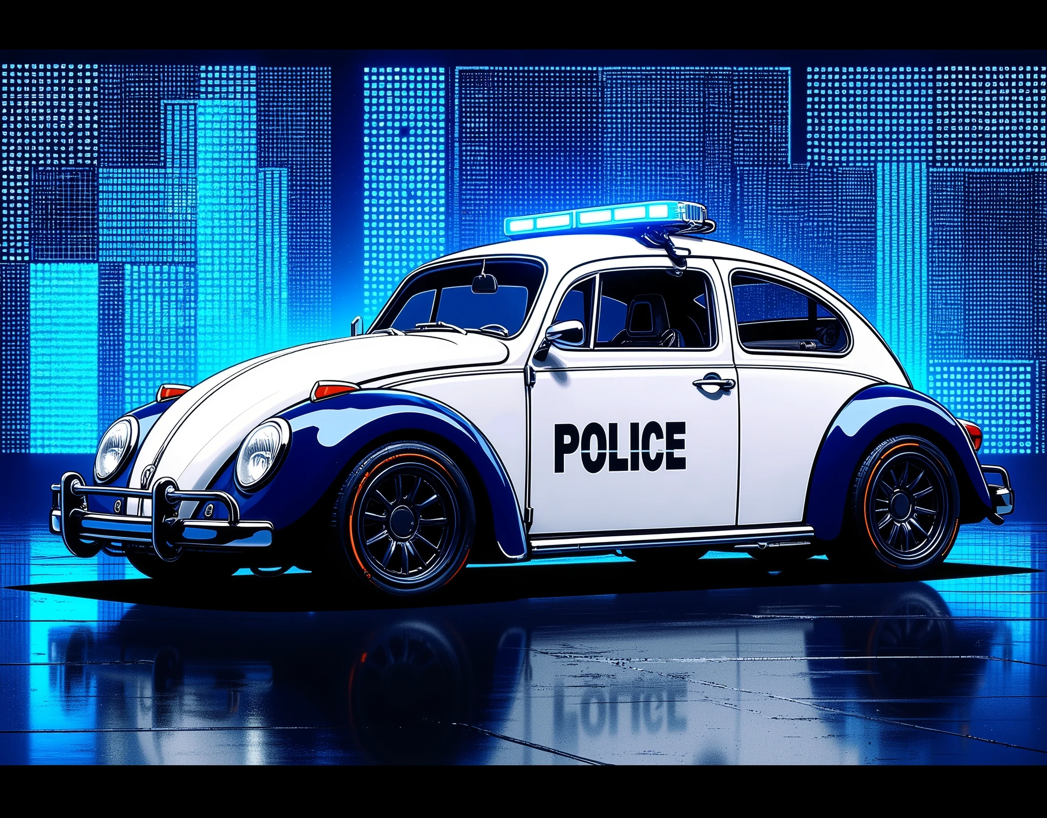 (masterpiece:1.2),( best quality),(Super detailed),(  super high definition ),(  Best Illustration ),8k, wallpaper, Car of the Future,Police vehicles influenced by the Volkswagen Beetle,A vehicle with a design based on white and navy blue,Vector art,Layered Textures  ,progressive,SF,  Cyberpunk ,( The background is a blue hologram with a large blue grid pattern),("POLICE")