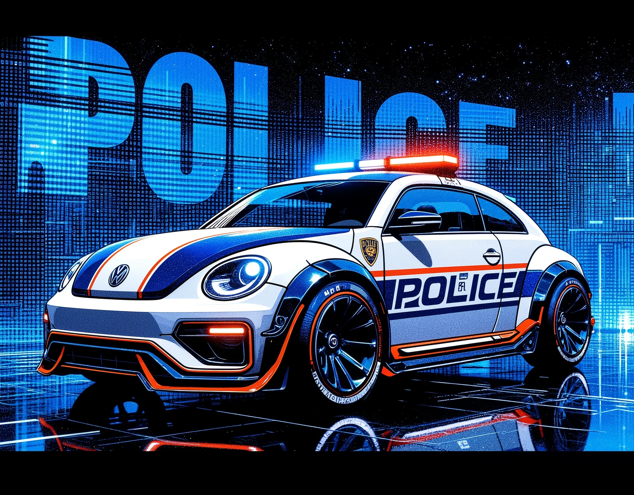 (masterpiece:1.2),( best quality),(Super detailed),(  super high definition ),(  Best Illustration ),8k, wallpaper, Car of the Future,Police vehicles influenced by the Volkswagen Beetle,A vehicle with a design based on white and navy blue,Vector art,Layered Textures  ,progressive,SF,  Cyberpunk ,( The background is a blue hologram with a large blue grid pattern),("POLICE")