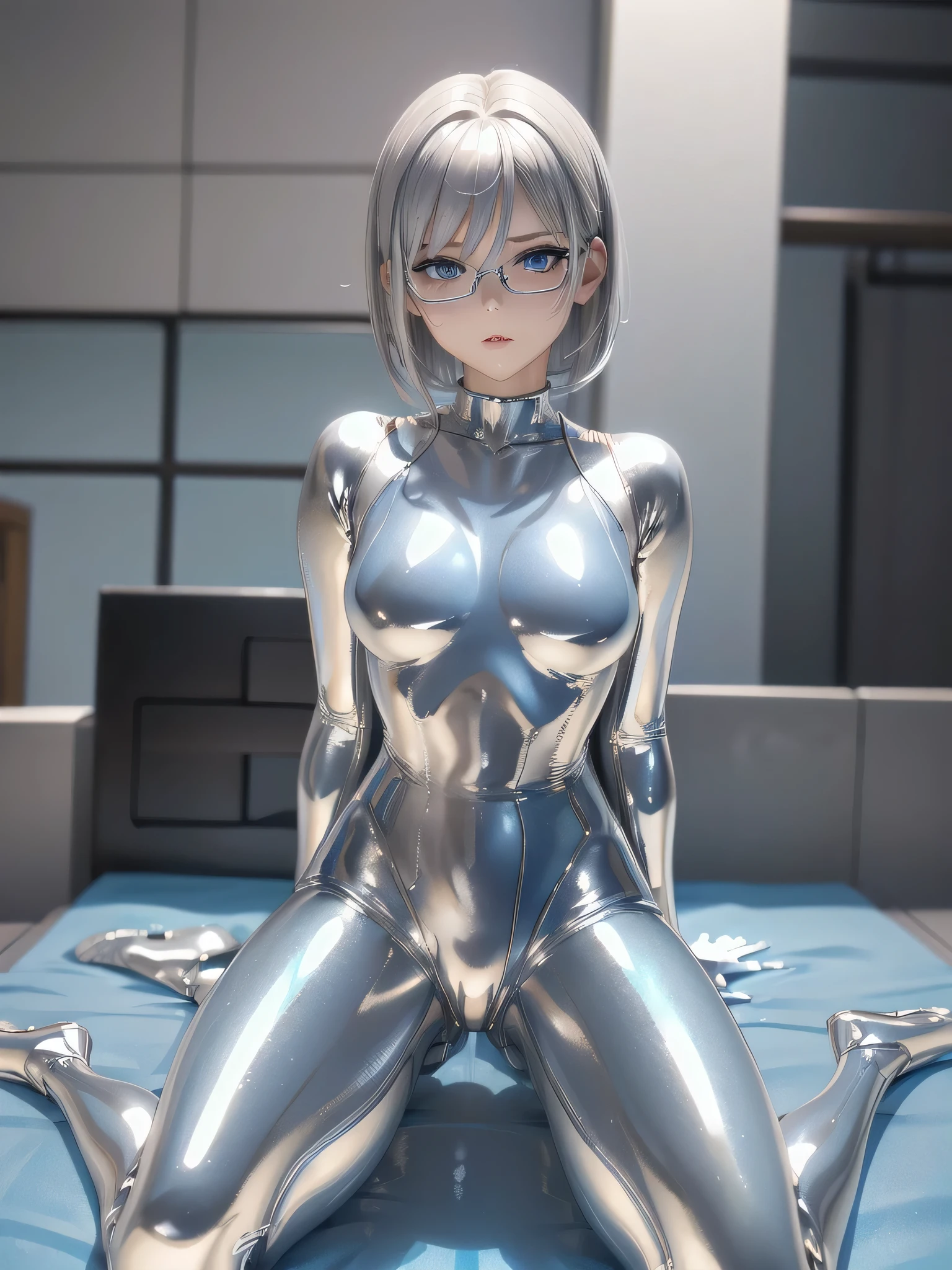 (( best quality)), ((masterpiece)), ( Details), (8k), (UHD), Close-up、 short hair、 blue eyes 、 Silver Hair、Glasses、Spread your legs wide、Full body silver metallic enamel suitを着た美女、Full body silver metallic enamel suit