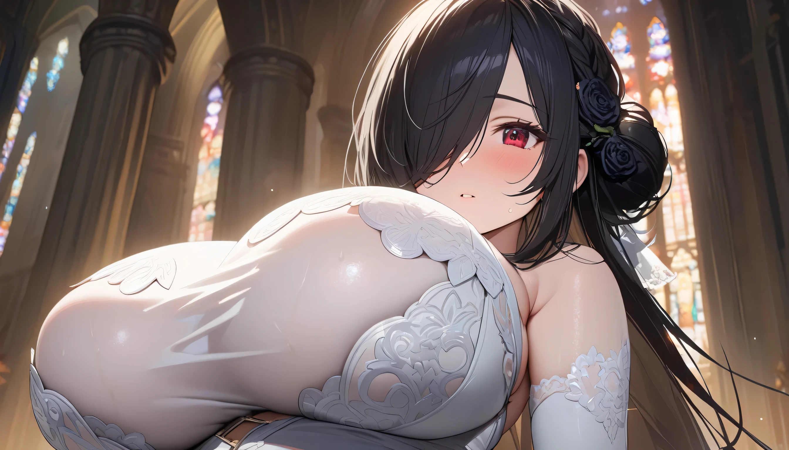 (Best Quality, Masterpiece:1.3), Illustration, ((Beautiful detailed face)), beautiful detail skin, intriciate detail, The ultra-detailliert, Cinematic lighting, stained glass background, There are a lot of shiny black chains, (1Girl:large full breasts, Costumes of the Saints, White see-through veil, Smile, blindfold, Chain bondage, Open mouth, teeth,sticking out their tongues,(drooling,Sparkling tongue:1.2), , (Huge breasts), , (POV,close-up,Depth of field,Sharp focus,from above:1.2)