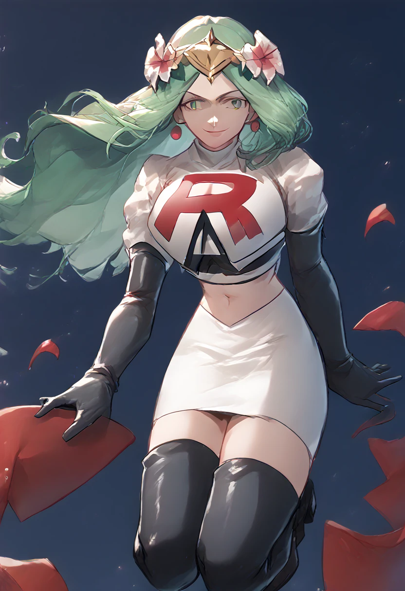 Team rocket, team rocket uniform, red letter R, white skirt,white crop top,black thigh-high boots, black elbow gloves, evil smile, night sky background, earrings, large breasts, high-heeled boots, Rhea, green hair