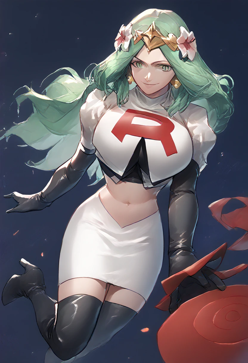 Team rocket, team rocket uniform, red letter R, white skirt,white crop top,black thigh-high boots, black elbow gloves, evil smile, night sky background, earrings, large breasts, high-heeled boots, Rhea, green hair