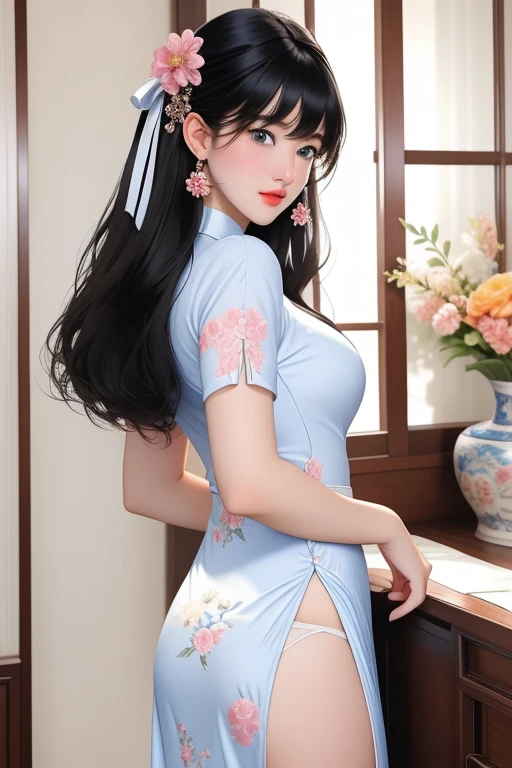 1girl 15years old,anime girl, bangs,standing,cowboy shot,dynamic angle BREAK (closed mouth), black hair, blue eyes,white pantie, blurry, blurry background, blush, bottomless, breasts, closed mouth,no bra, cum, dutch angle, erection, hair between eyes, hair ribbon, hetero, indoors, jewelry, long hair, looking at viewer,(Chinese dress with floral embroidery) deep blue dress, mature female, /(black hair/) bangs, (masterpiece best quality:1.2) delicate illustration ultra-detailed, small breasts , outdoors, detailed back ground,white pantie,panty line,standing,turn back,full body,side view,bent butt,sexy,