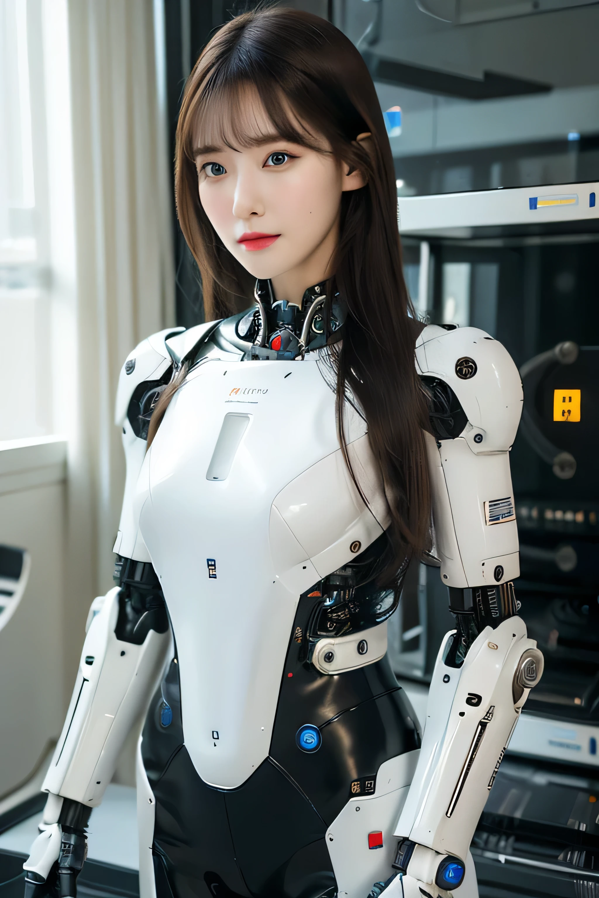 masterpiece, best quality, extremely detailed, portrait,Japaese android girl,Plump,a bit chubby,control panels,android,Droid,Mechanical Hand, ,Robot arms and legs, Black hair,Mechanical body,Blunt bangs,White Robotics Parts,perfect robot woman,Charging spot,Long Tube,A thick cable was connected to her neck,perfect mechanical body,white robotics body,future assembly plant,white body,She has repaired,black sponge joints,android assembly plant,android,laboratory,perfect machine body,white robot body,blue eyes