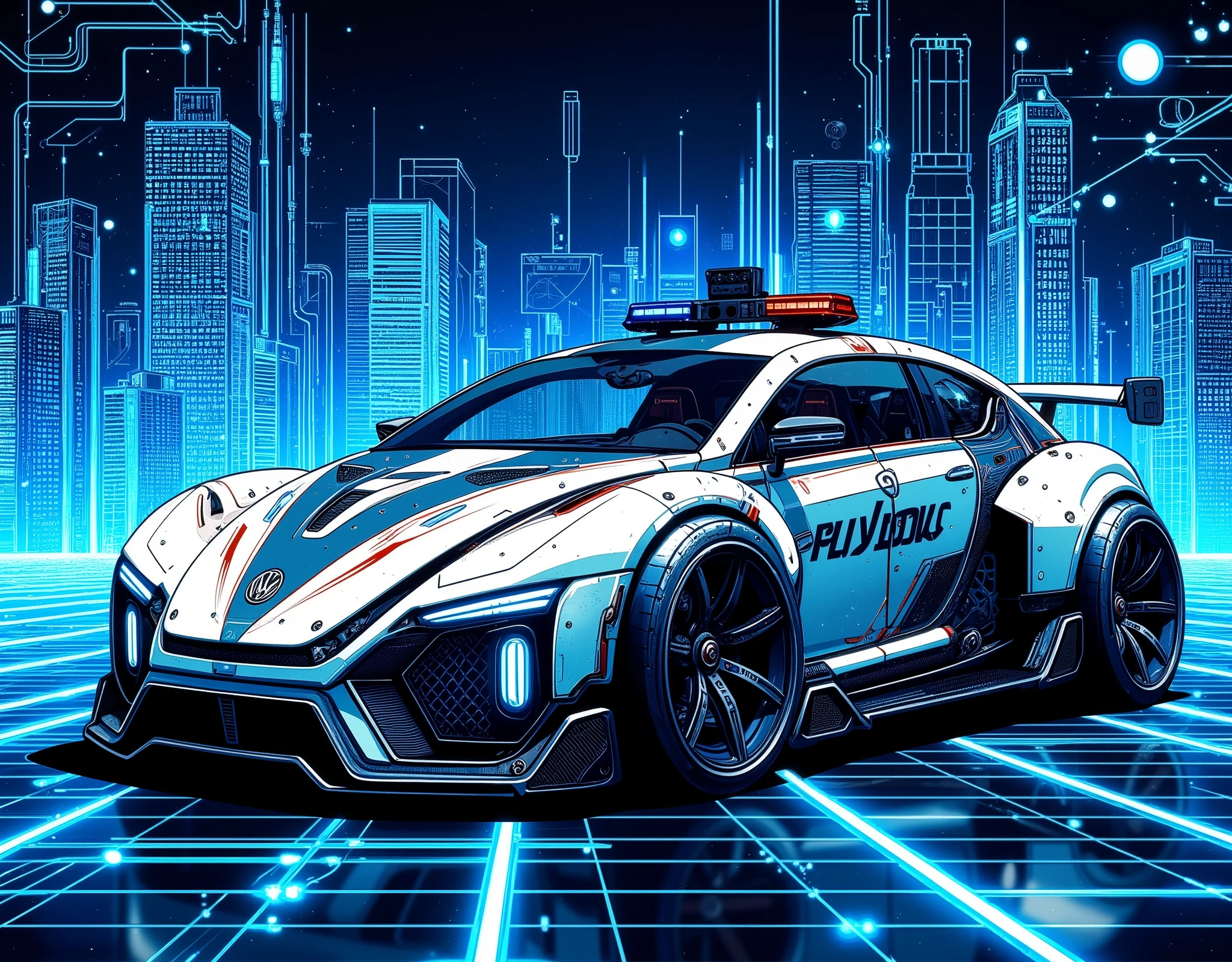 (masterpiece:1.2),( best quality),(Super detailed),(  super high definition ),(  Best Illustration ),8k, wallpaper, Car of the Future,Police vehicles influenced by the Volkswagen Beetle,(A vehicle with a design based on white and navy blue:2.0),Vector art,Layered Textures  ,progressive,SF,  Cyberpunk ,( The background is a blue hologram with a large blue grid pattern),("POLICE")